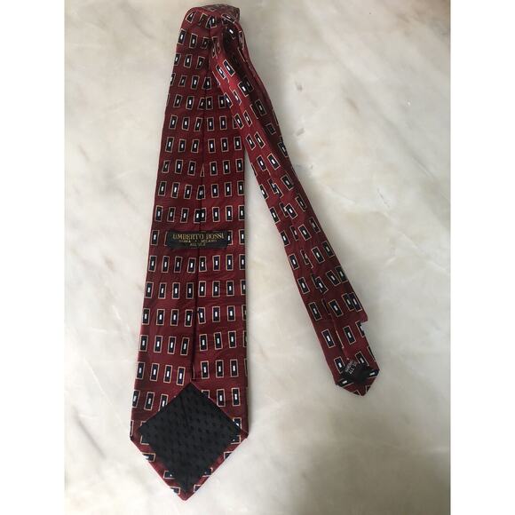 Umberto Bossi Silk Tie Gold Burgundy Red Black Geometric Men Necktie Italy 60x4 - Picture 3 of 5